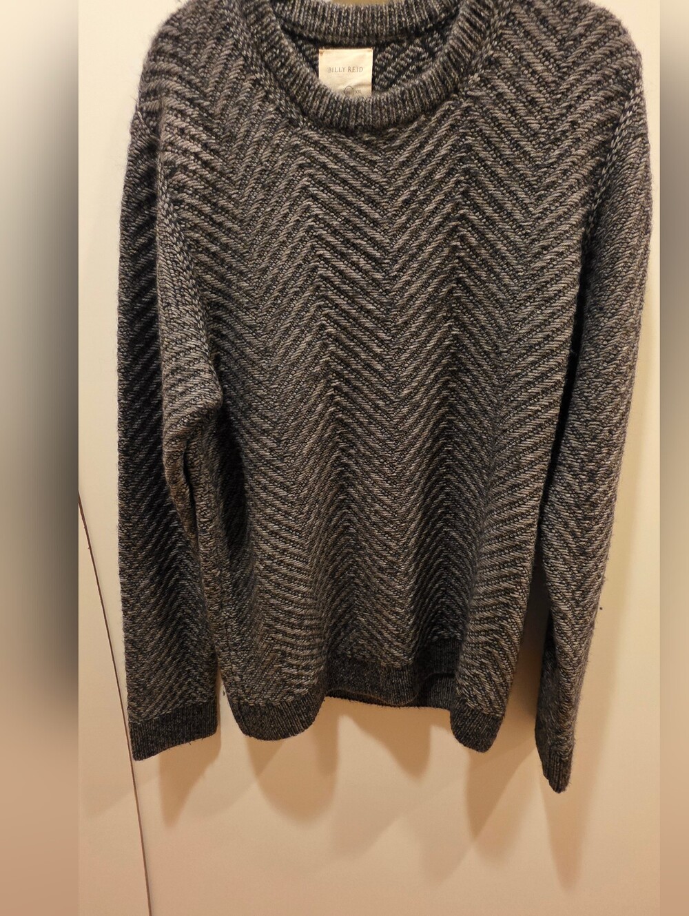 Billy Reid Men's XL Wool Herringbone Crewneck Sweater Gray & Black. Italian
